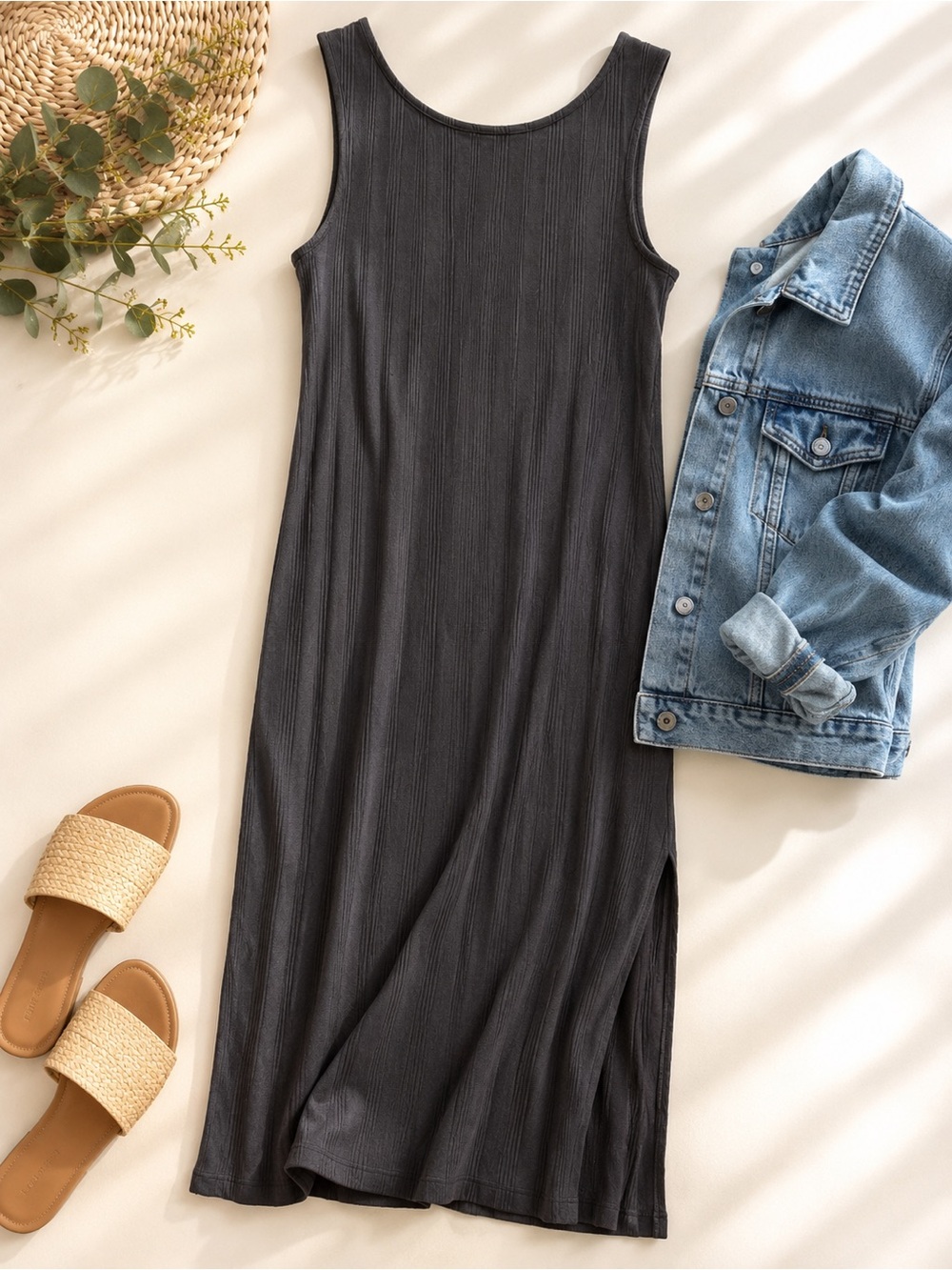 Mien NWT Sleeveless Ribbed Maxi Dress in Charcoal Gray SZ Large Pockets Side